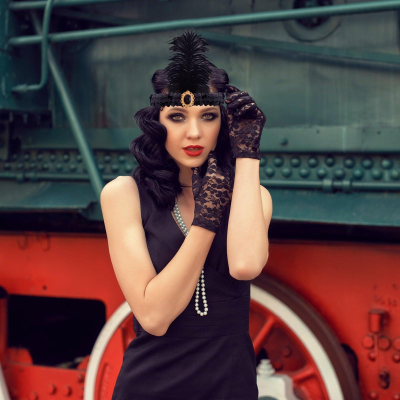 FEPITO 8 Pieces 1920s Flapper Great Gatsby Accessories Set Fashion Roaring 20's Theme Set with Headband Headpiece Long Black Gloves Necklace Earrings for Womenï¼ˆSet Dï¼‰ - Image 5